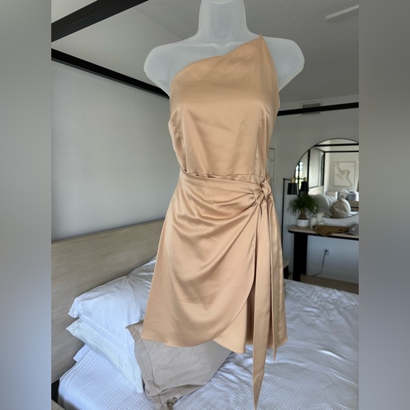 Gianni Bini One Shoulder Wrap Waist Mini Dress in Champagne Gold, Size 6 - Picture 3 of 13
